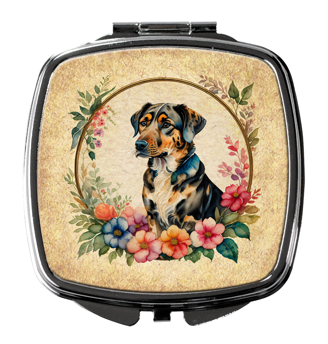 3 x 2.75 in. Catahoula Leopard Dog & Flowers Compact Mirror