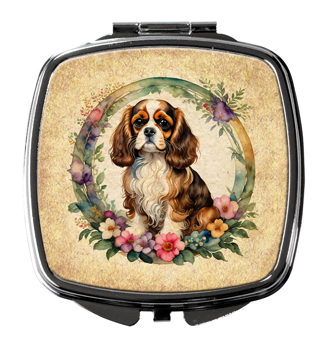 DAC2113SCM 3 x 2.75 in. Cavalier Spaniel & Flowers Compact Mirror
