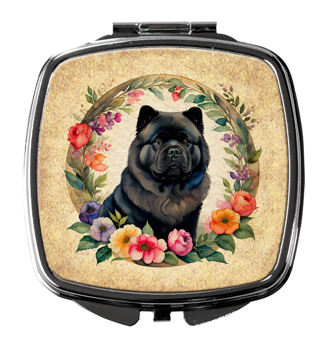 DAC2118SCM 3 x 2.75 in. Black Chow Chow & Flowers Compact Mirror