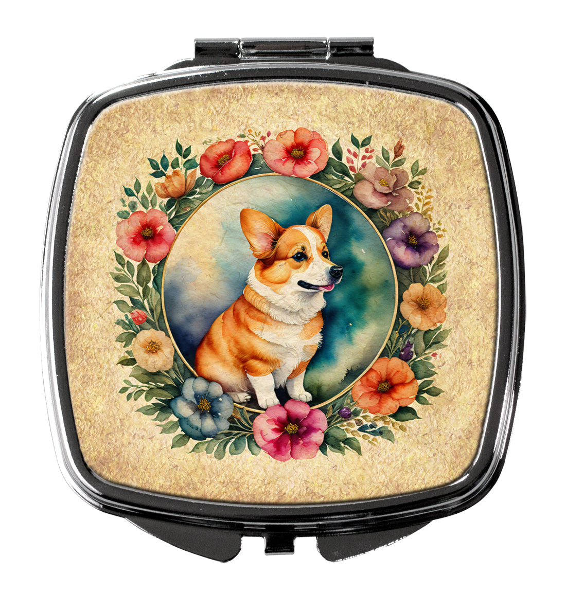 3 x 2.75 in. Corgi & Flowers Compact Mirror