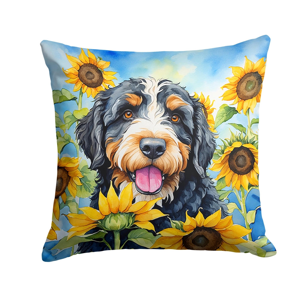 18 x 18 in. Bernedoodle in Sunflowers Throw Pillow