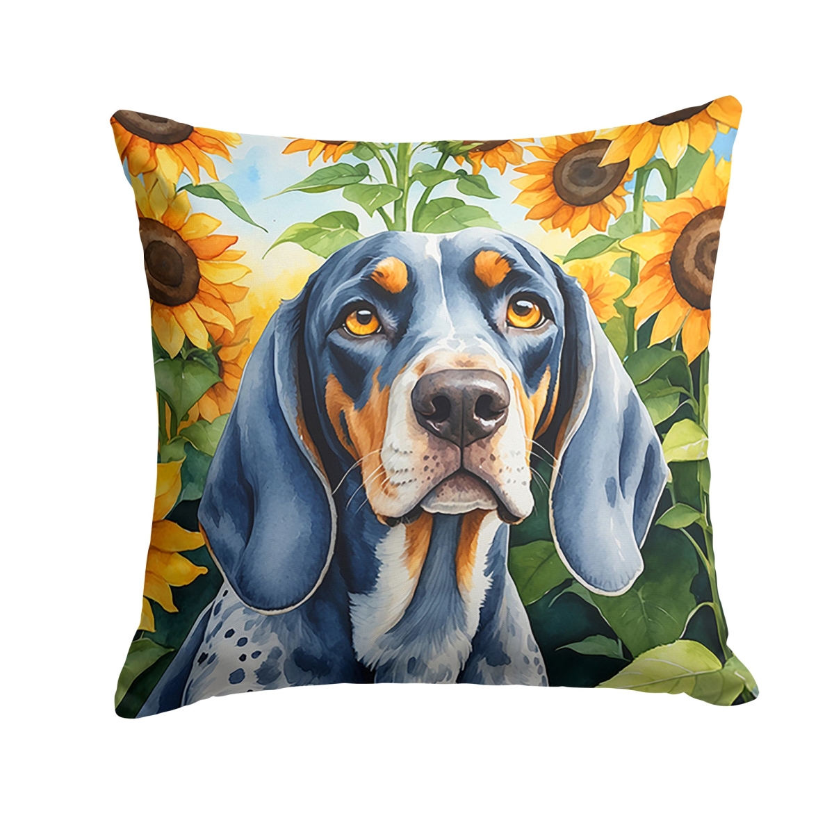 18 x 18 in. Bluetick Coonhound in Sunflowers Throw Pillow