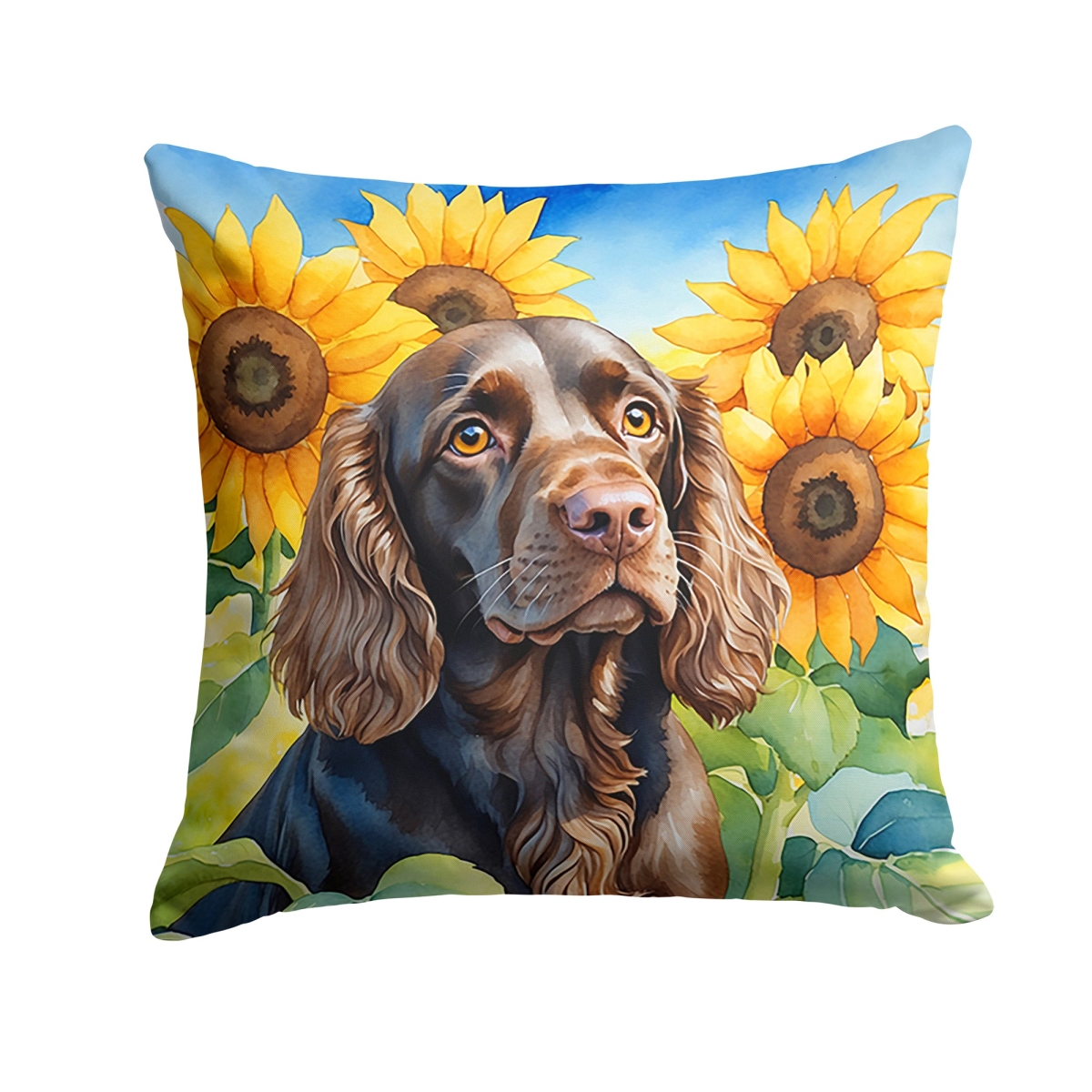 18 x 18 in. Boykin Spaniel in Sunflowers Throw Pillow