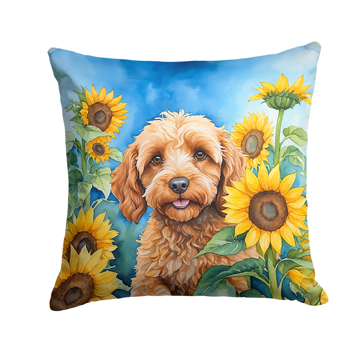 Cockapoo in Sunflowers Throw Pillow Machine Washable, Indoor Outdoor Decorative Pillow for Couch, Bed or Patio, 18Hx18W
