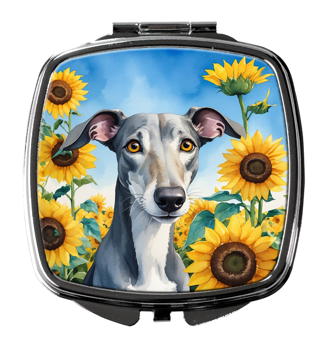 3 x 2.75 in. Greyhound in Sunflowers Compact Mirror