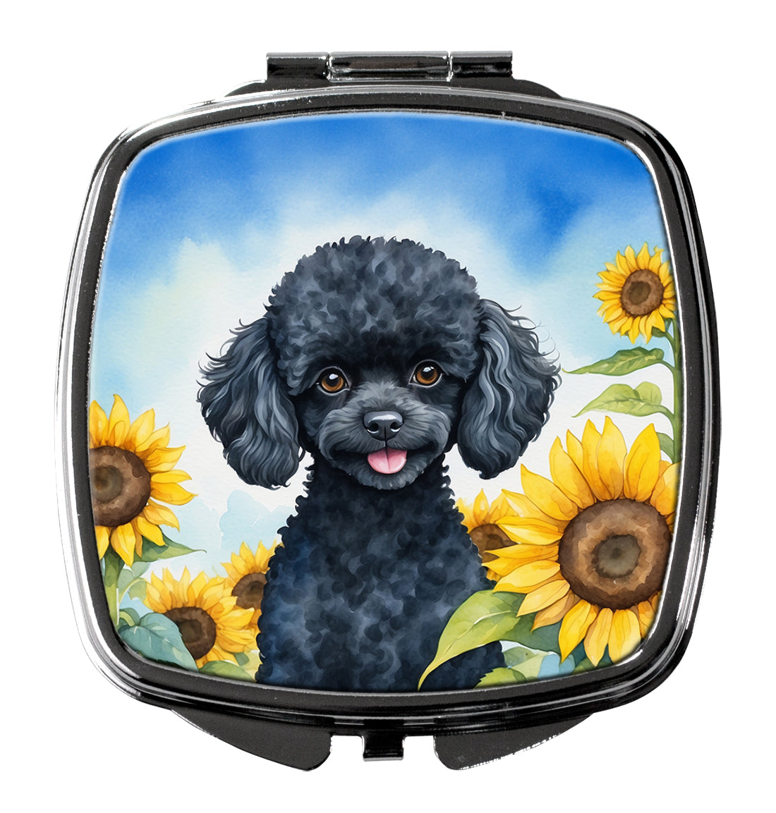 3 x 2.75 in. Black Poodle in Sunflowers Compact Mirror