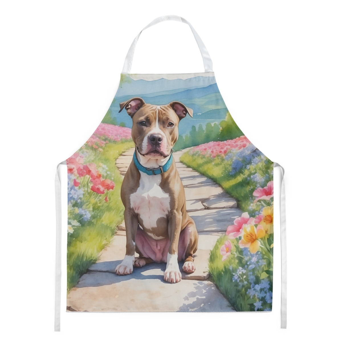 Picture of Carolines Treasures DAC6686APRON 30 x 27 in. Pit Bull Terrier Spring Path Apron