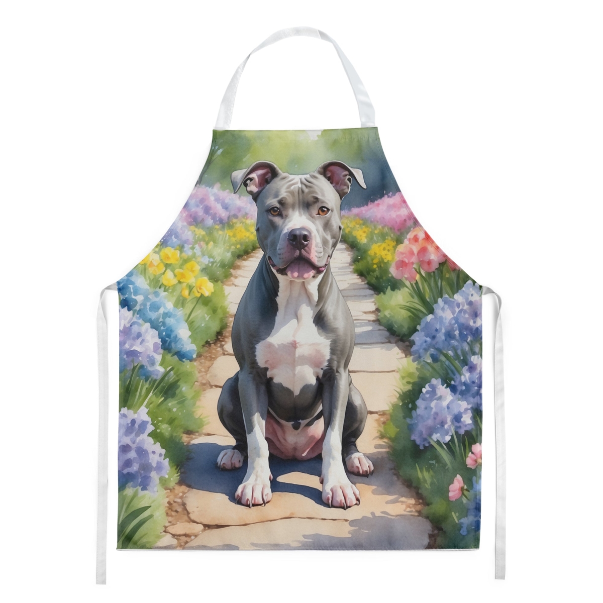 Picture of Carolines Treasures DAC6688APRON 30 x 27 in. Pit Bull Terrier Spring Path Apron