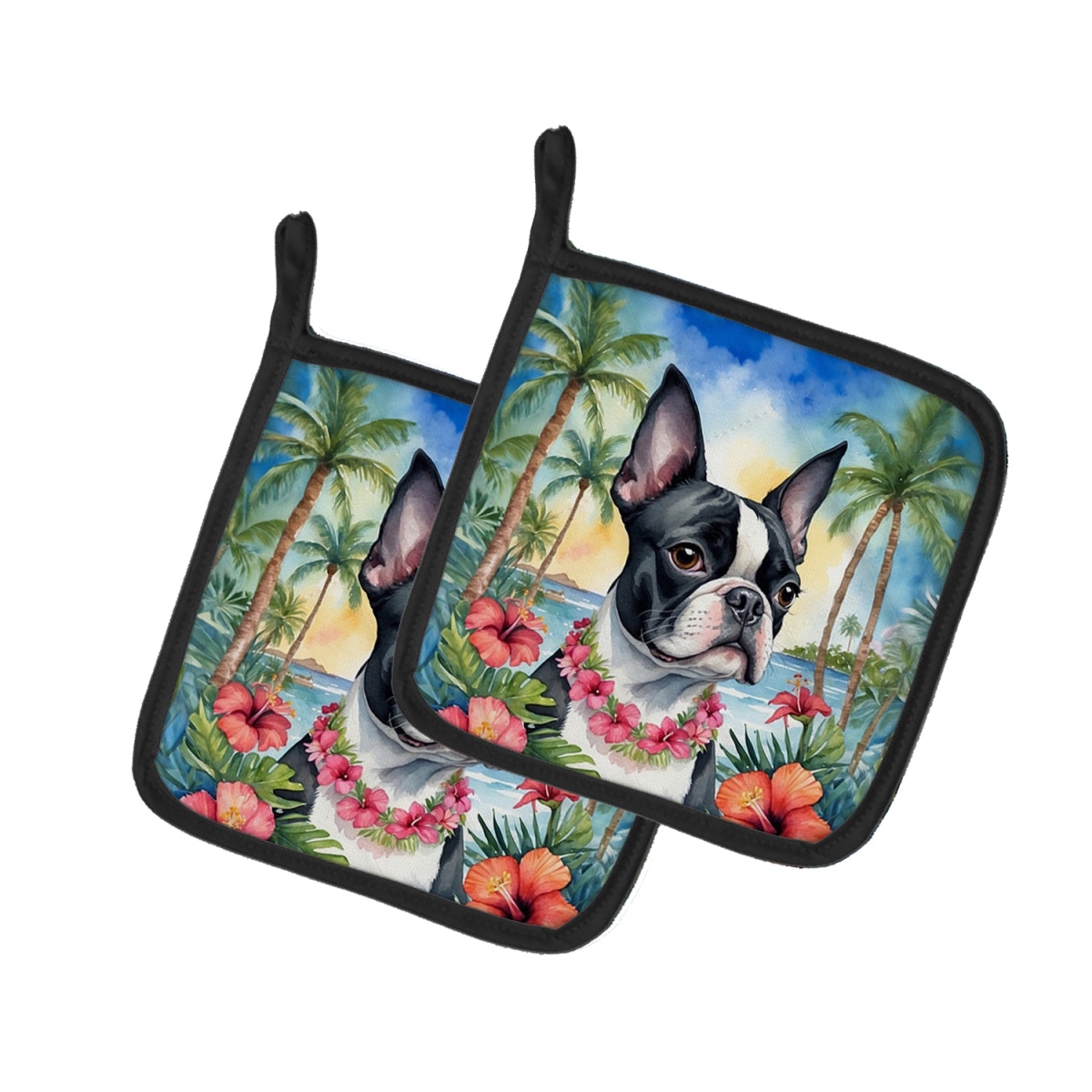 7.5 x 7.5 in. Boston Terrier Luau Pair of Pot Holder