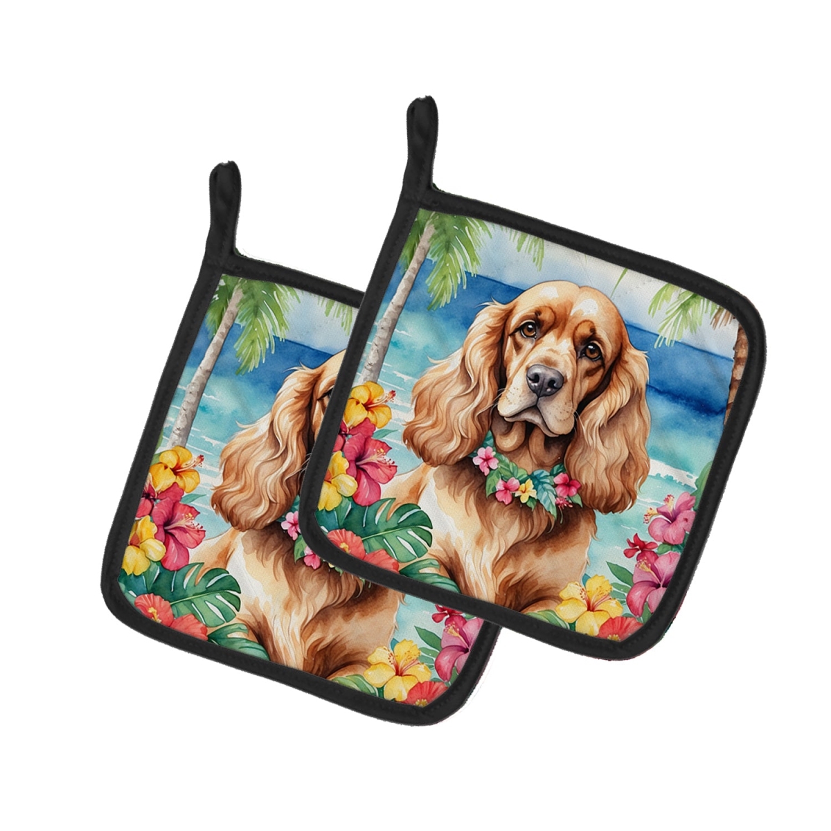 7.5 x 7.5 in. Cocker Spaniel Luau Pair of Pot Holder