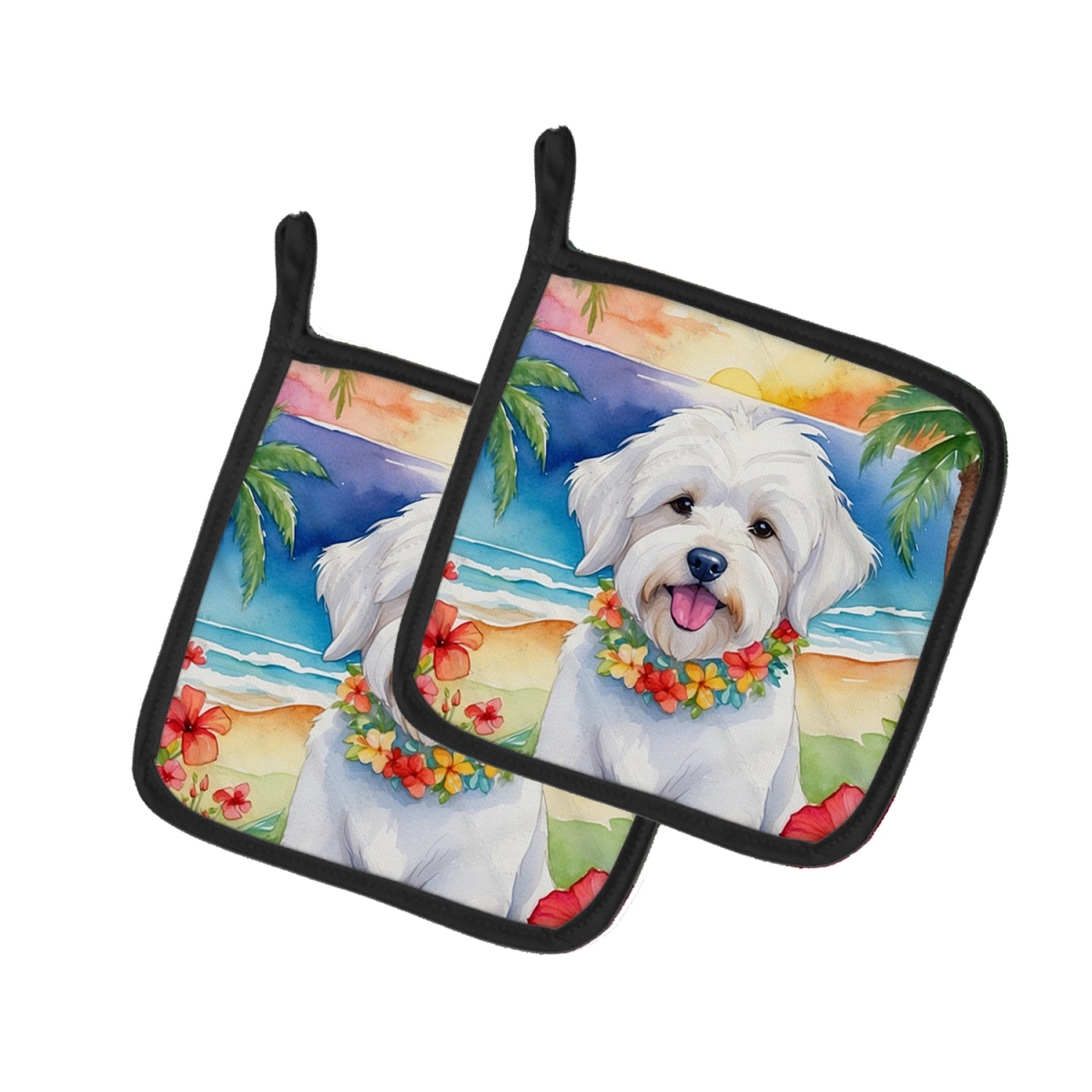 7.5 x 7.5 in. Coton de Tulear Luau Pair of Pot Holder