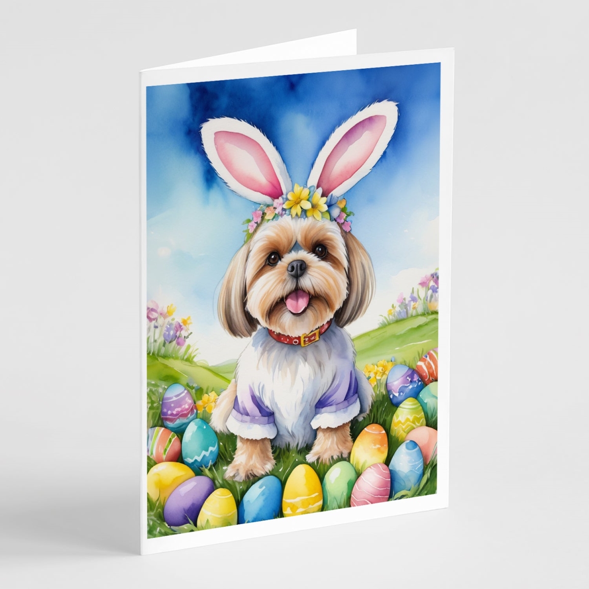 5 x 7 in. Lhasa Apso Easter Egg Hunt Greeting Cards - Pack of 8