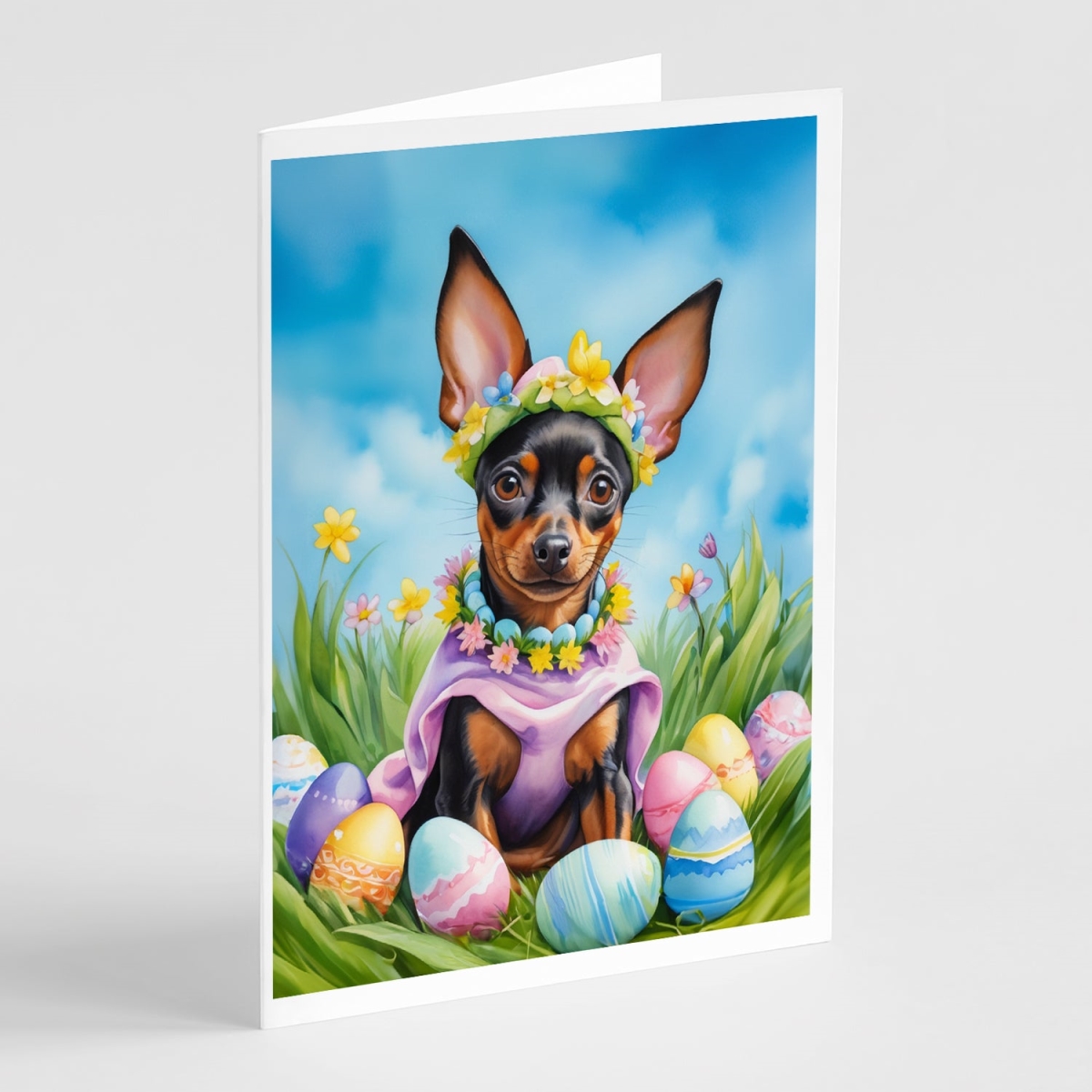 DAC5117GCA7P 5 x 7 in. Miniature Pinscher Easter Egg Hunt Greeting Cards - Pack of 8
