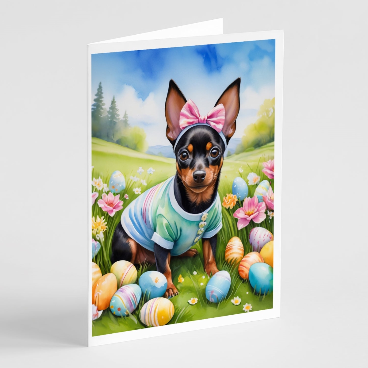 DAC5118GCA7P 5 x 7 in. Miniature Pinscher Easter Egg Hunt Greeting Cards - Pack of 8