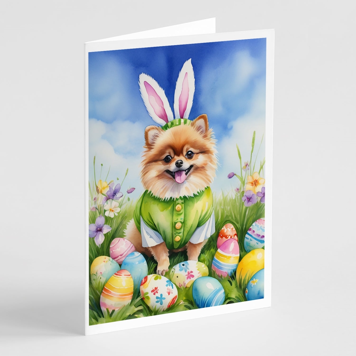 DAC5137GCA7P 5 x 7 in. Pomeranian Easter Egg Hunt Greeting Cards - Pack of 8