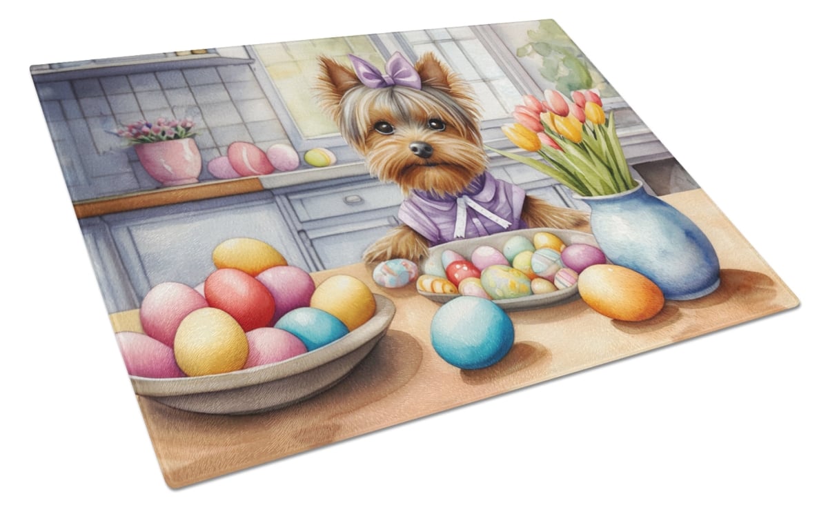 Picture of Carolines Treasures DAC6922LCB 15 x 12 in. Decorating Easter Yorkshire Terrier Glass Cutting Board