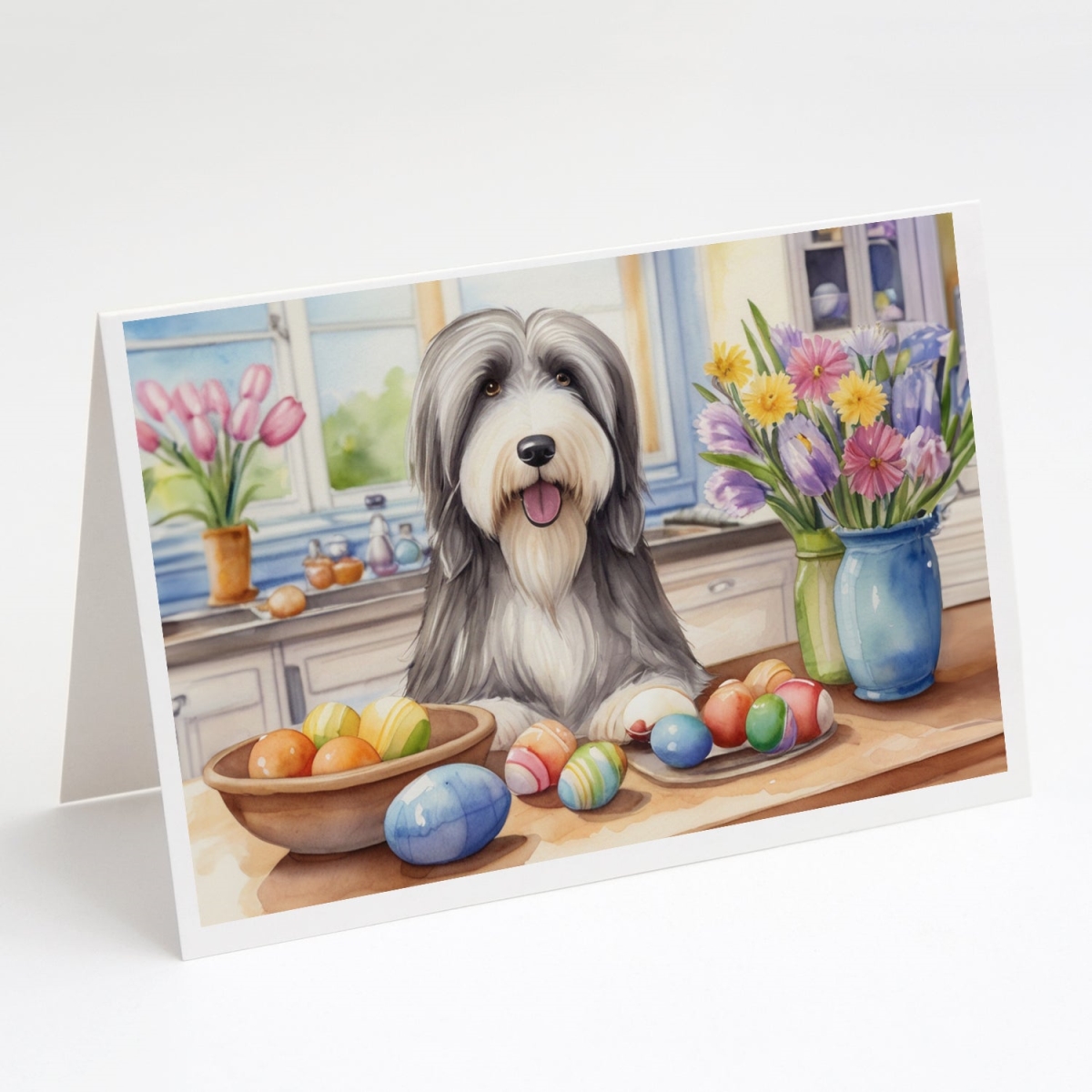 DAC6755GCA7P 5 x 7 in. Decorating Easter Bearded Collie Greeting Cards - Pack of 8