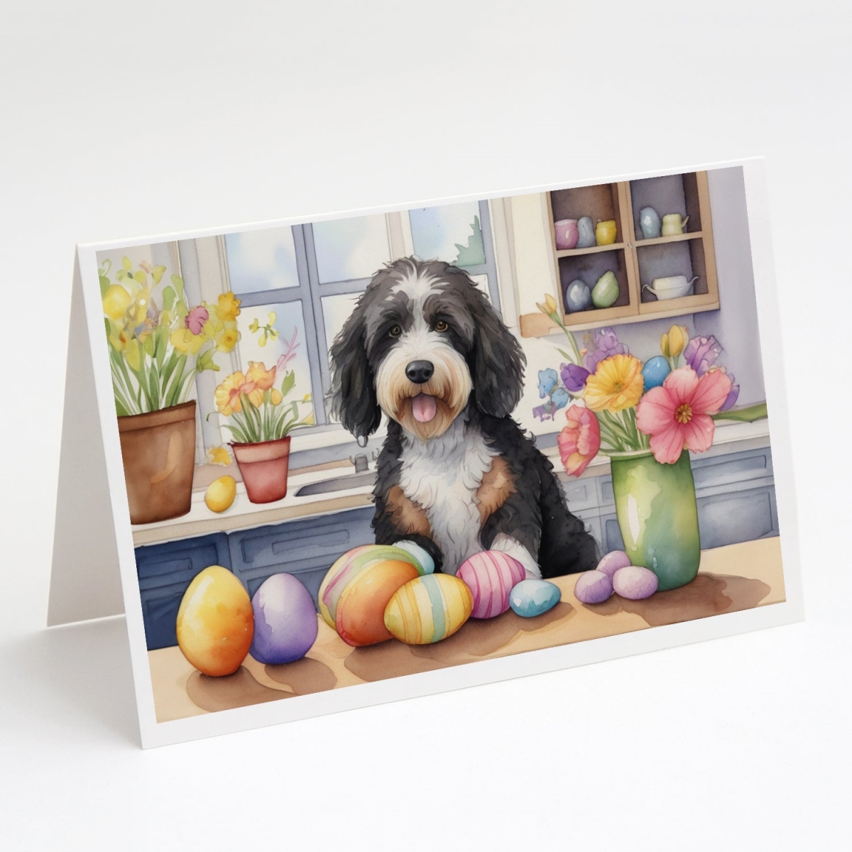 DAC6761GCA7P 5 x 7 in. Decorating Easter Bernedoodle Greeting Cards - Pack of 8