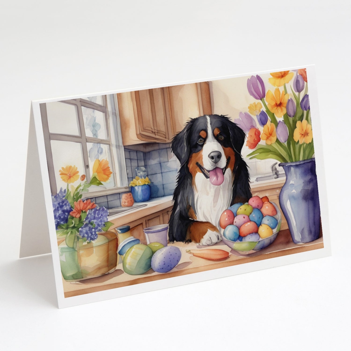 DAC6762GCA7P 5 x 7 in. Decorating Easter Bernese Mountain Dog Greeting Cards - Pack of 8