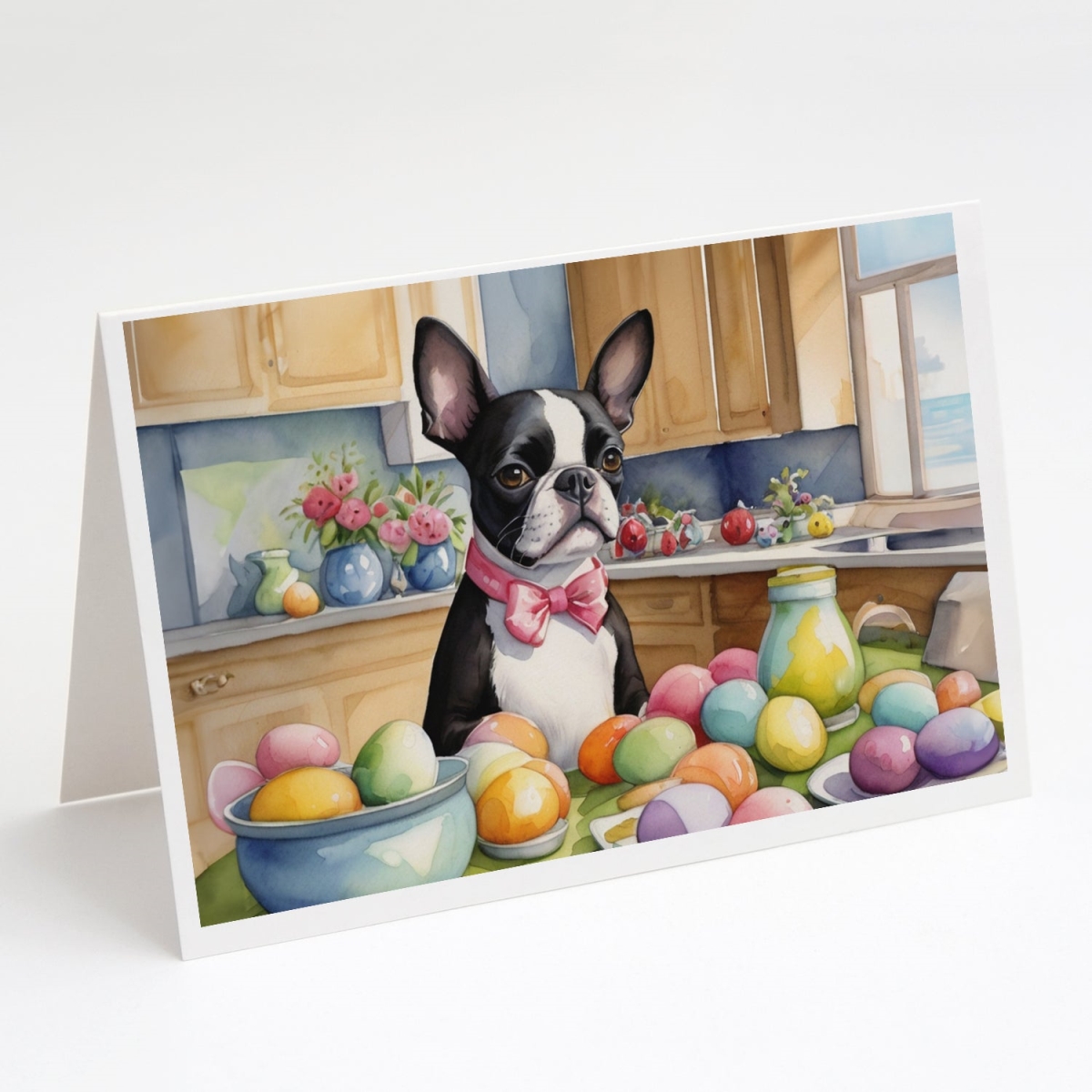 DAC6771GCA7P 5 x 7 in. Decorating Easter Boston Terrier Greeting Cards - Pack of 8