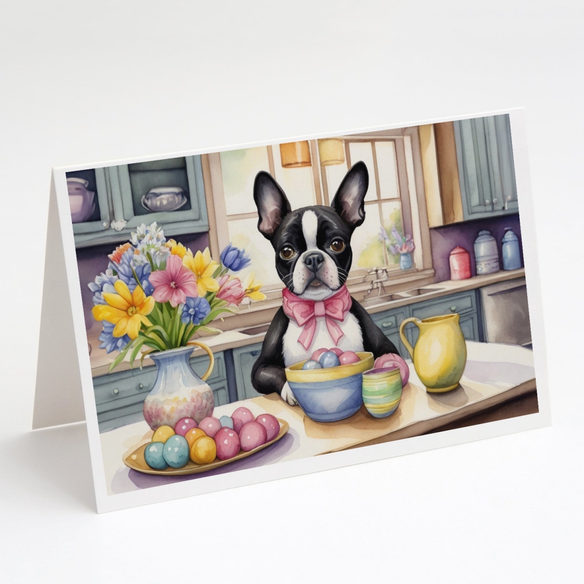 DAC6772GCA7P 5 x 7 in. Decorating Easter Boston Terrier Greeting Cards - Pack of 8