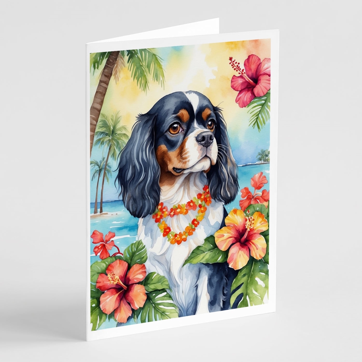 DAC6400GCA7P 5 x 7 in. Cavalier Spaniel Luau Greeting Cards - Pack of 8