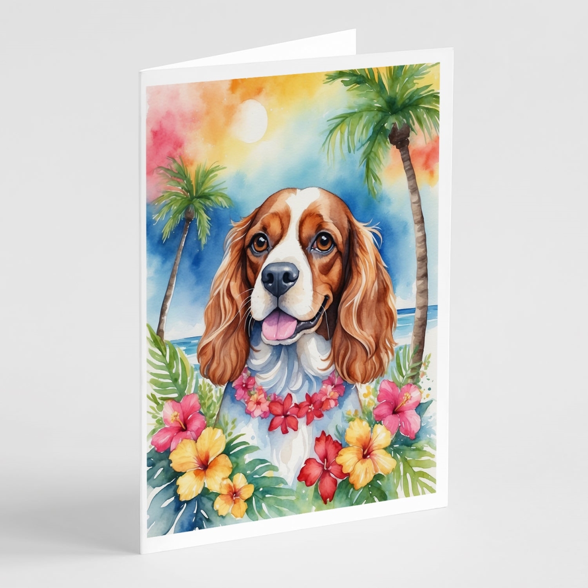 DAC6401GCA7P 5 x 7 in. Cavalier Spaniel Luau Greeting Cards - Pack of 8