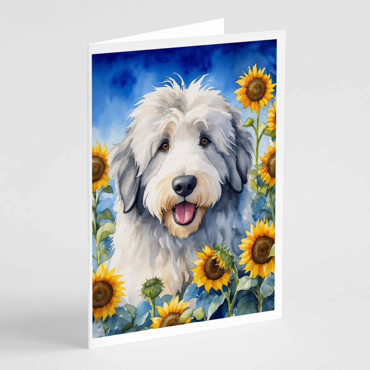 DAC6129GCA7P 5 x 7 in. Old English Sheepdog in Sunflowers Greeting Cards - Pack of 8