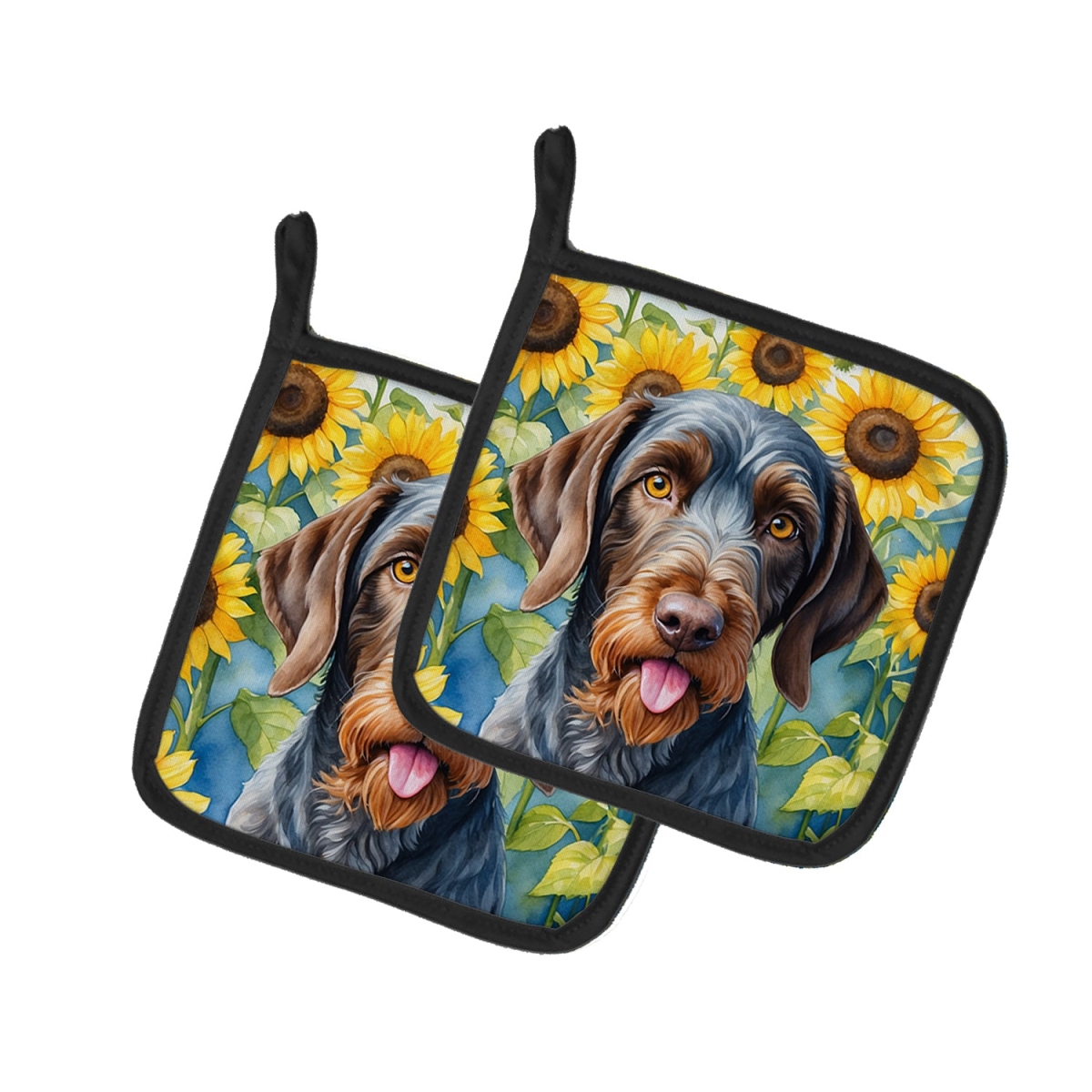 7.5 x 7.5 in. German Wirehaired Pointer in Sunflowers Pair of Pot Holder