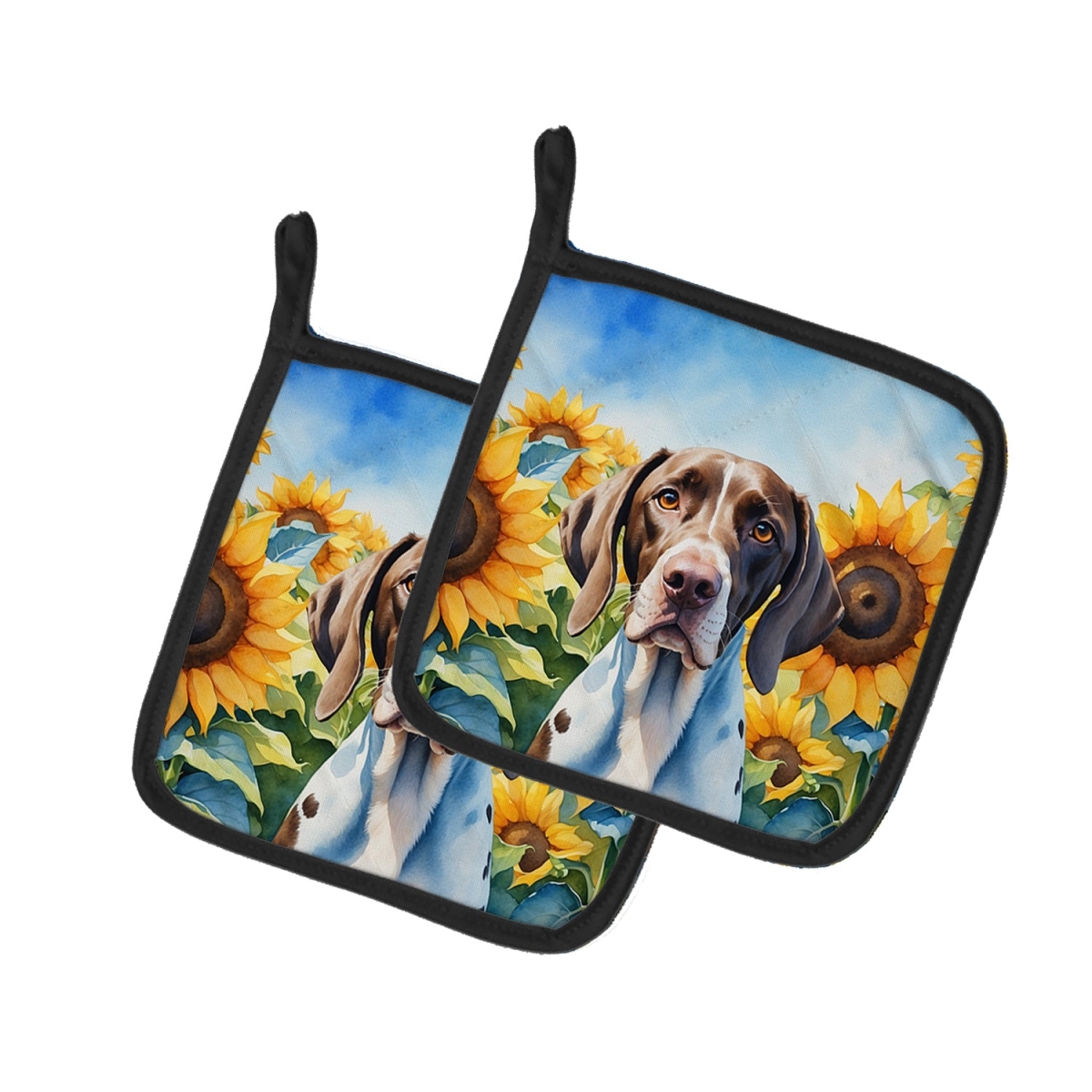 7.5 x 7.5 in. Pointer in Sunflowers Pair of Pot Holder