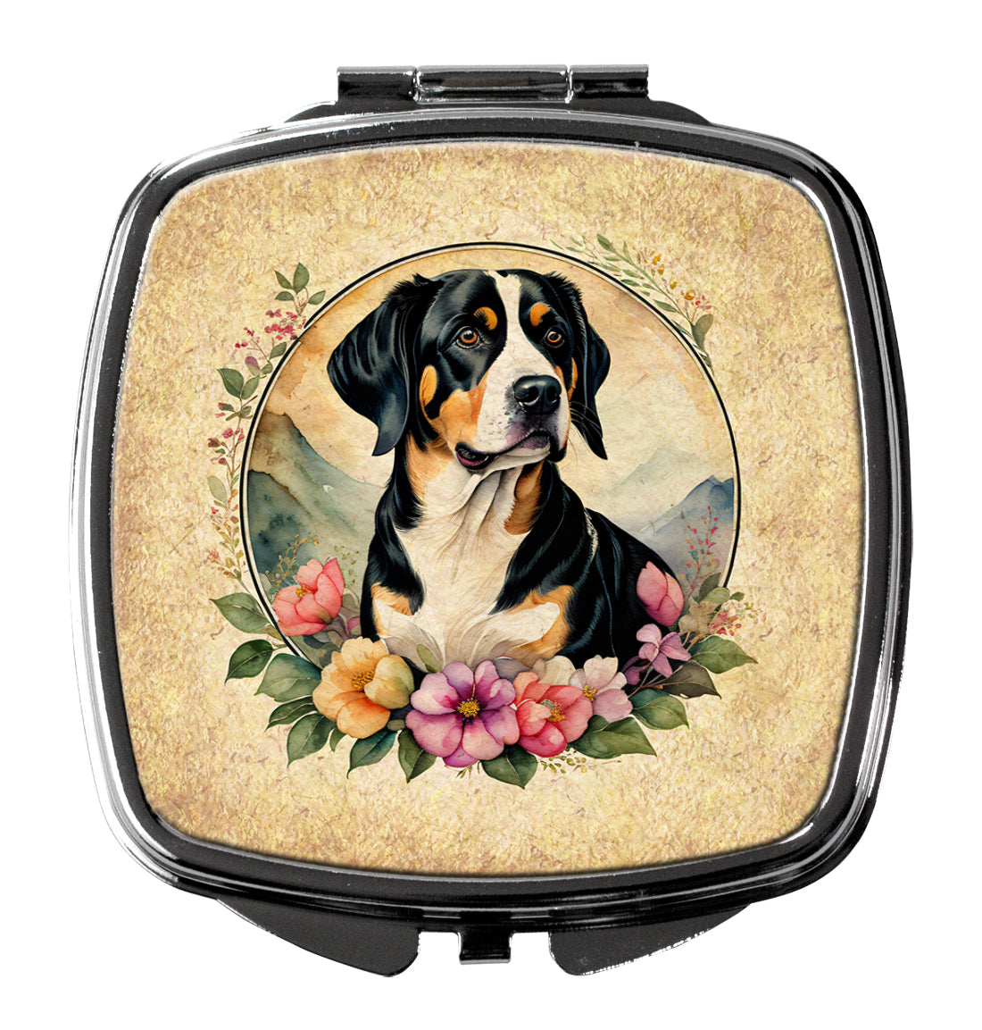 DAC2133SCM 3 x 2.75 in. Entlebucher Mountain Dog & Flowers Compact Mirror