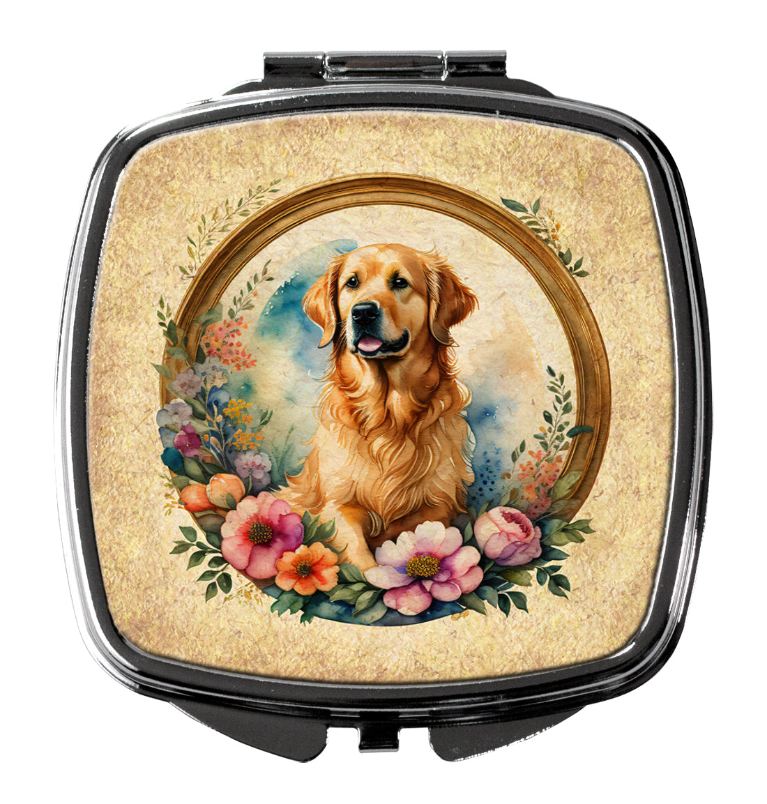 3 x 2.75 in. Golden Retriever & Flowers Compact Mirror