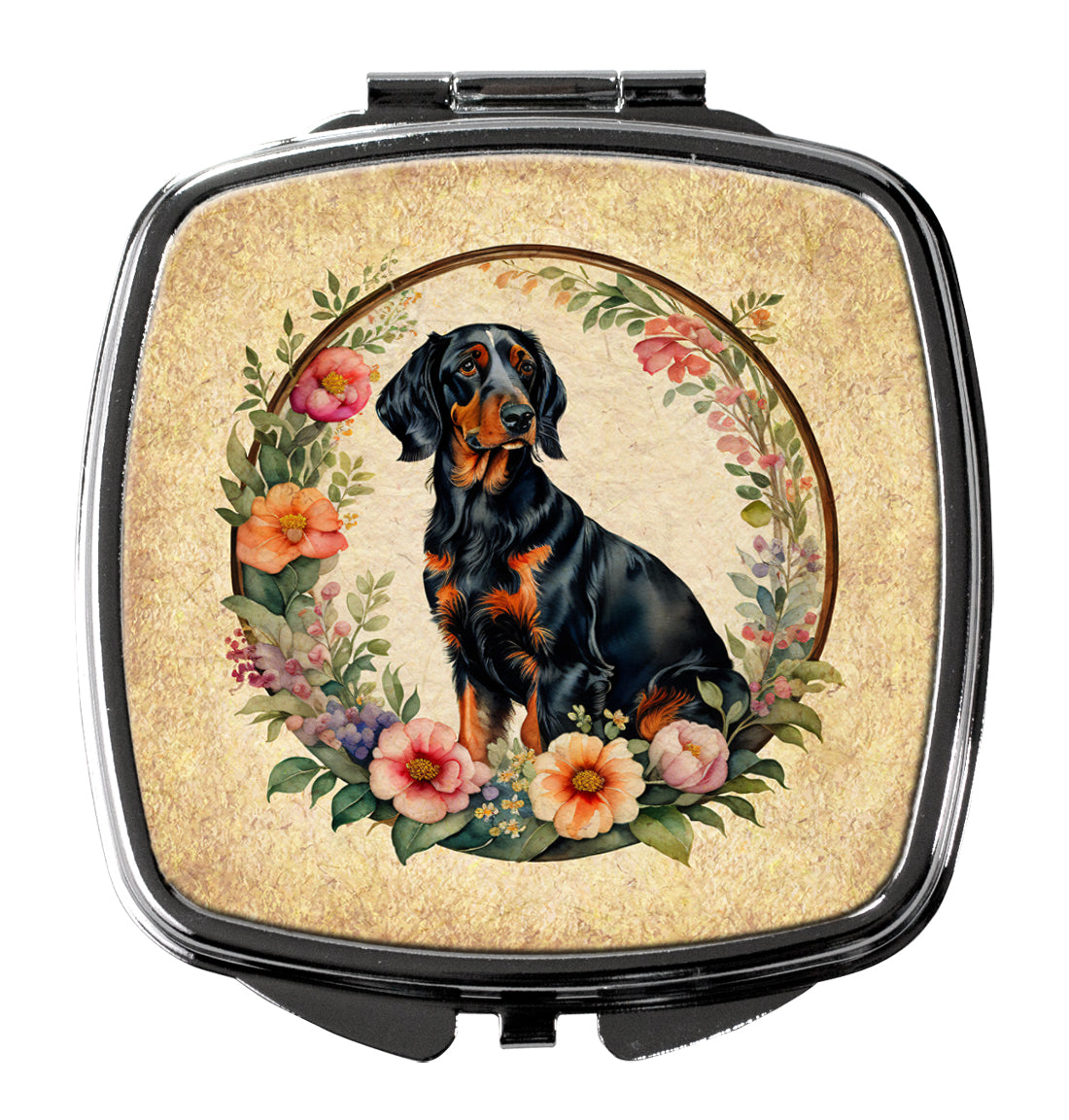 3 x 2.75 in. Gordon Setter & Flowers Compact Mirror