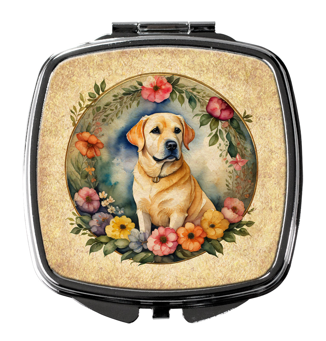 3 x 2.75 in. Yellow Labrador Retriever & Flowers Compact Mirror