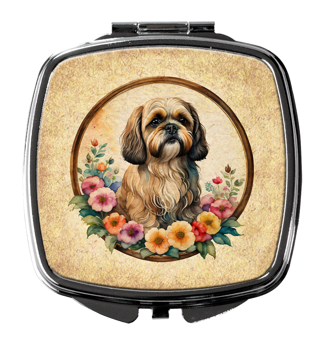 DAC2169SCM 3 x 2.75 in. Lhasa Apso & Flowers Compact Mirror