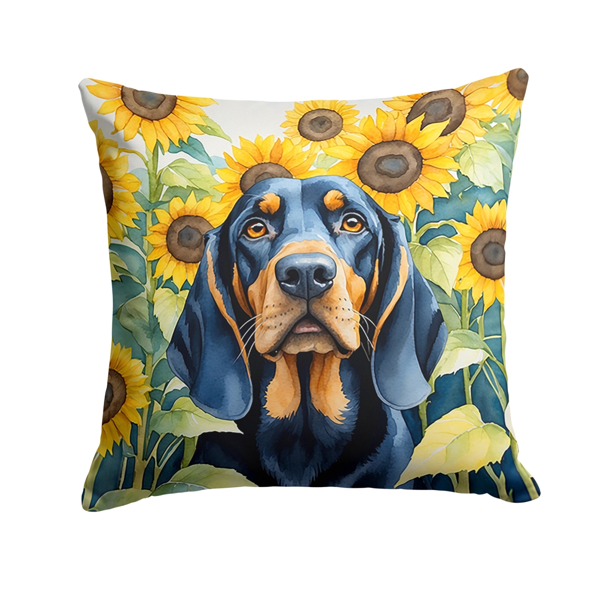 14 x 14 in. Black & Tan Coonhound in Sunflowers Throw Pillow