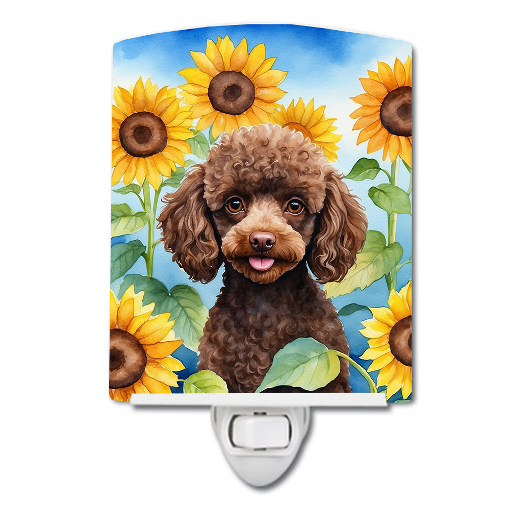 6 x 4 in. Chocolate Poodle in Sunflowers Ceramic Night Light