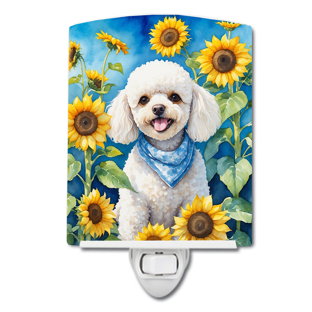 6 x 4 in. White Poodle in Sunflowers Ceramic Night Light