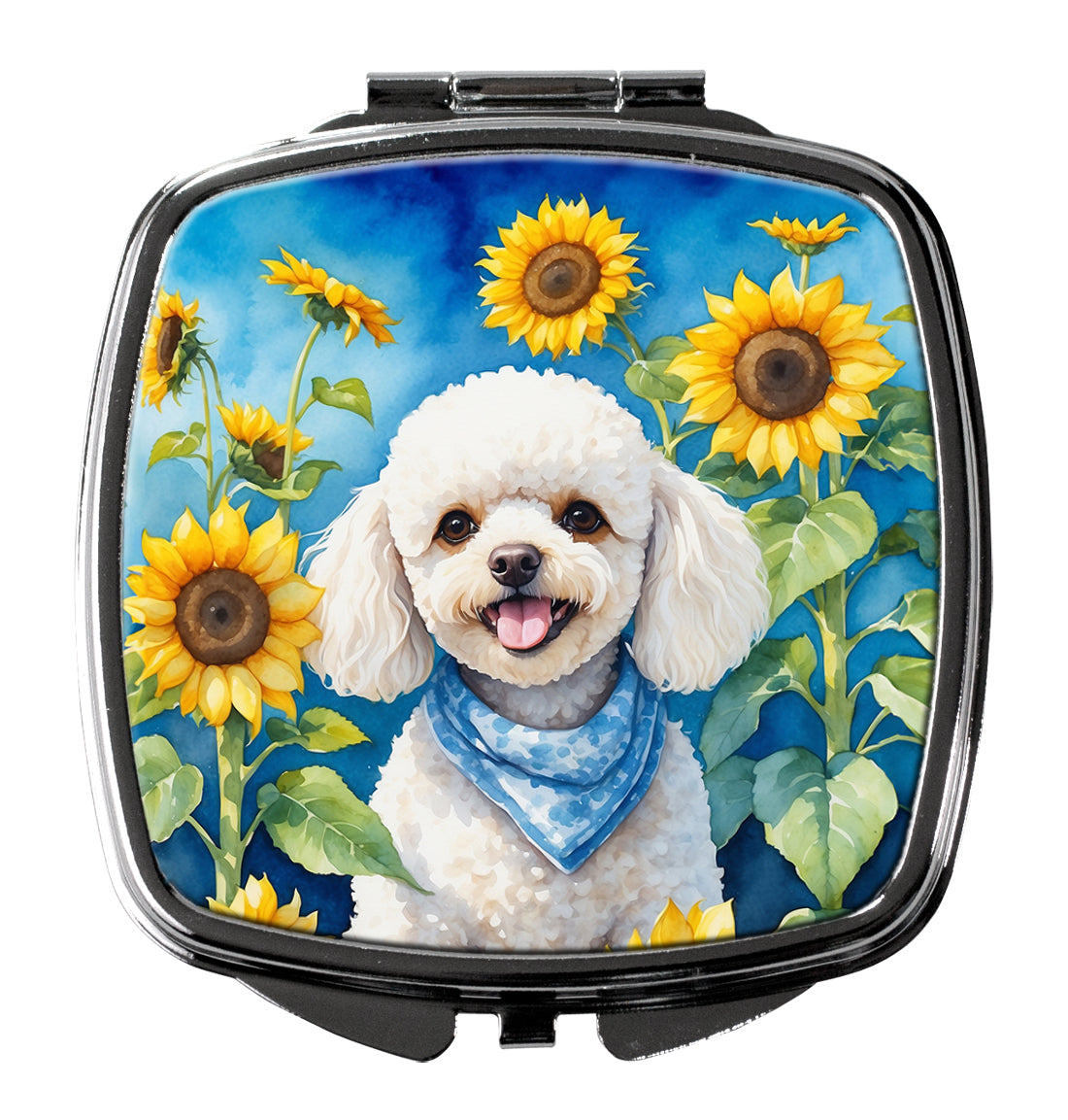 DAC6141SCM 3 x 2.75 in. White Poodle in Sunflowers Compact Mirror
