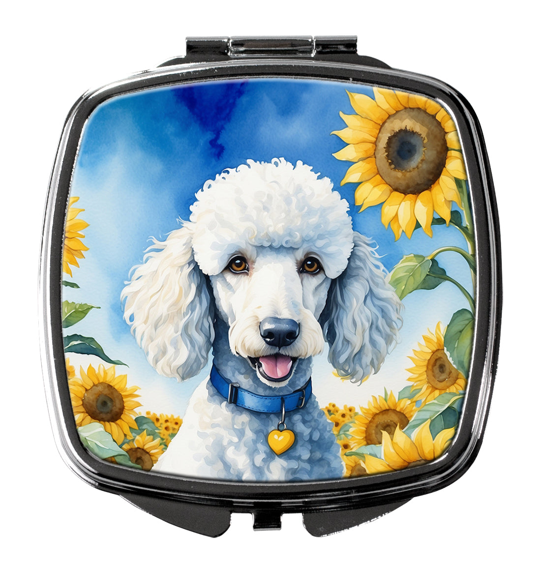 3 x 2.75 in. White Poodle in Sunflowers Compact Mirror