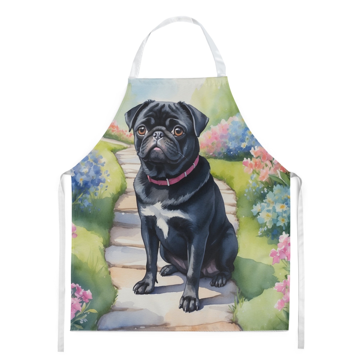Picture of Carolines Treasures DAC6700APRON 30 x 27 in. Black Pug Spring Path Apron