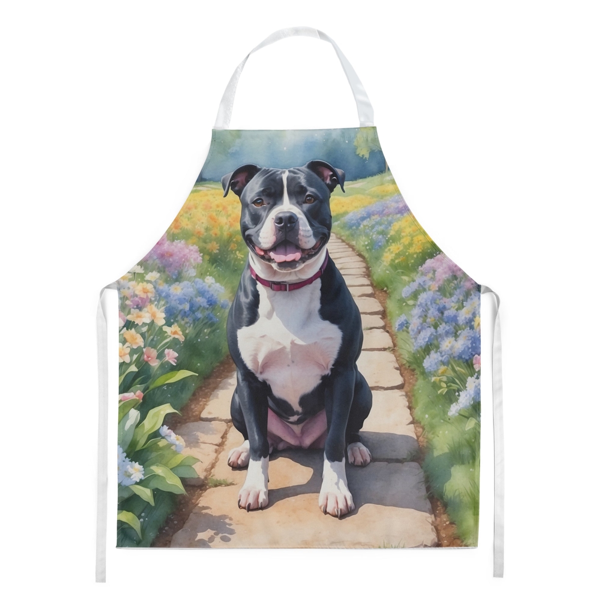 Picture of Carolines Treasures DAC6722APRON 30 x 27 in. Staffordshire Bull Terrier Spring Path Apron