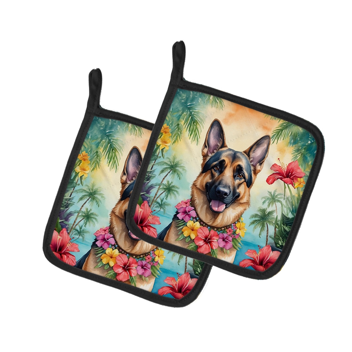 7.5 x 7.5 in. German Shepherd Luau Pair of Pot Holder