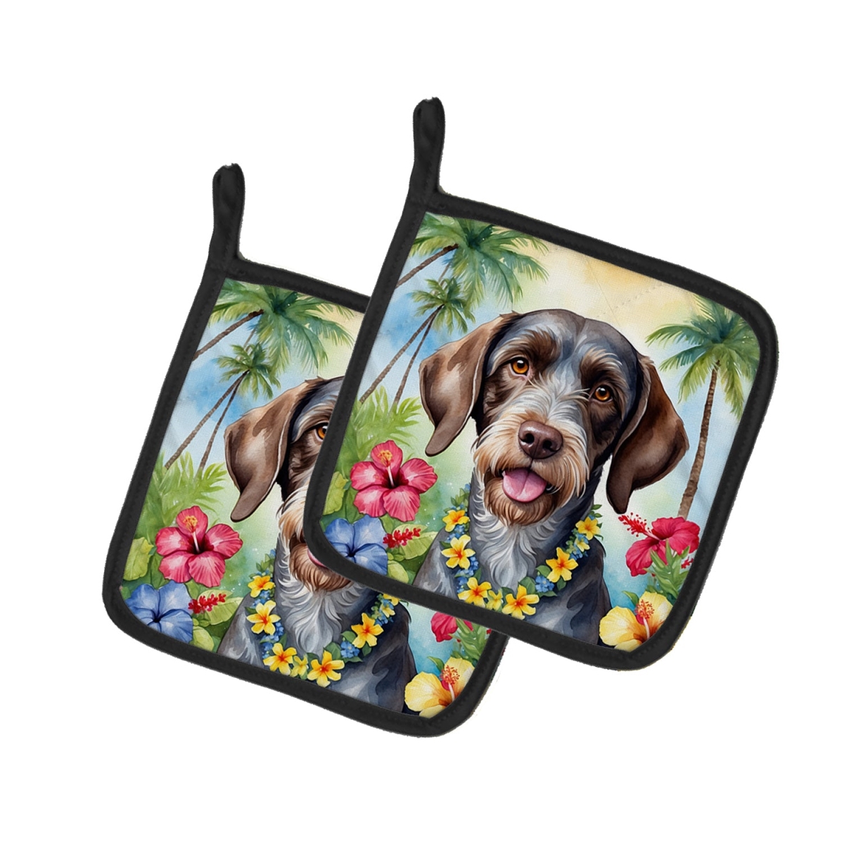 7.5 x 7.5 in. German Wirehaired Pointer Luau Pair of Pot Holder
