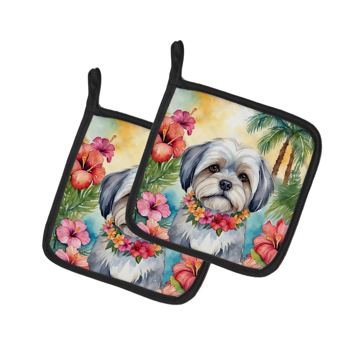 7.5 x 7.5 in. Lhasa Apso Luau Pair of Pot Holder