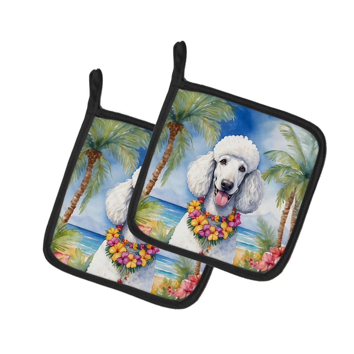 7.5 x 7.5 in. White Poodle Luau Pair of Pot Holder
