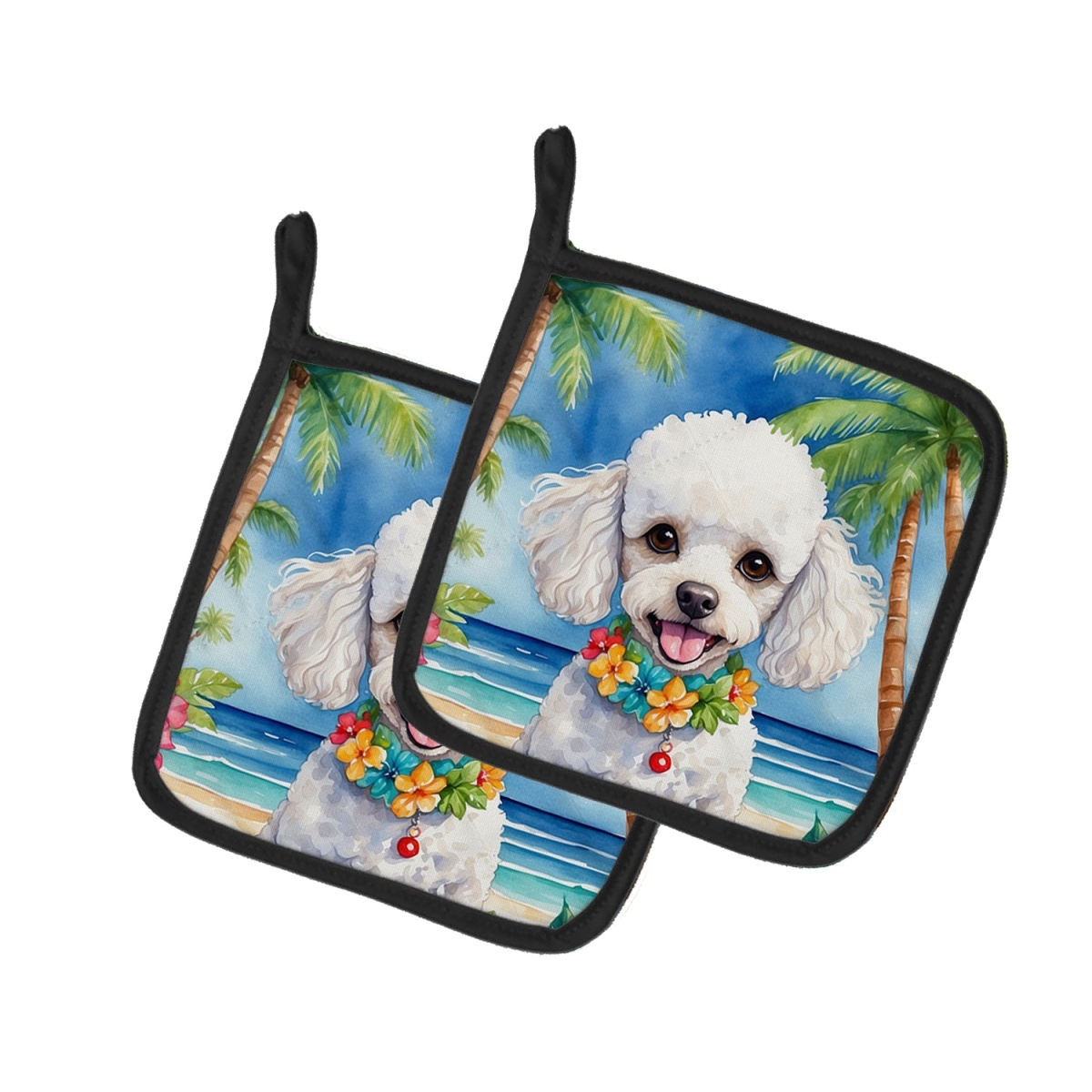 7.5 x 7.5 in. White Poodle Luau Pair of Pot Holder