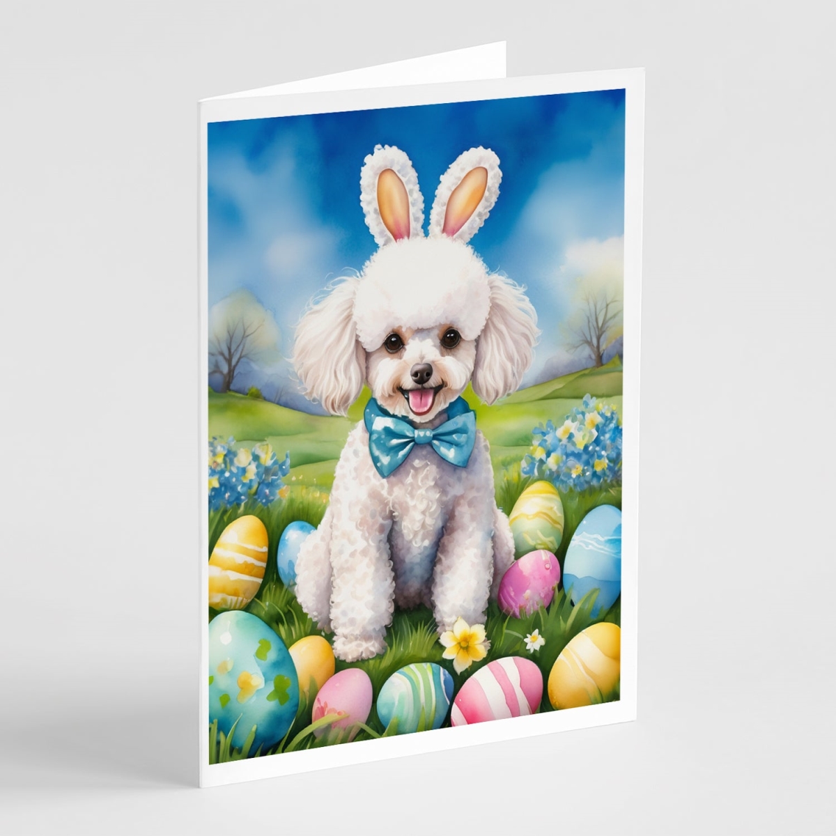 5 x 7 in. White Poodle Easter Egg Hunt Greeting Cards - Pack of 8