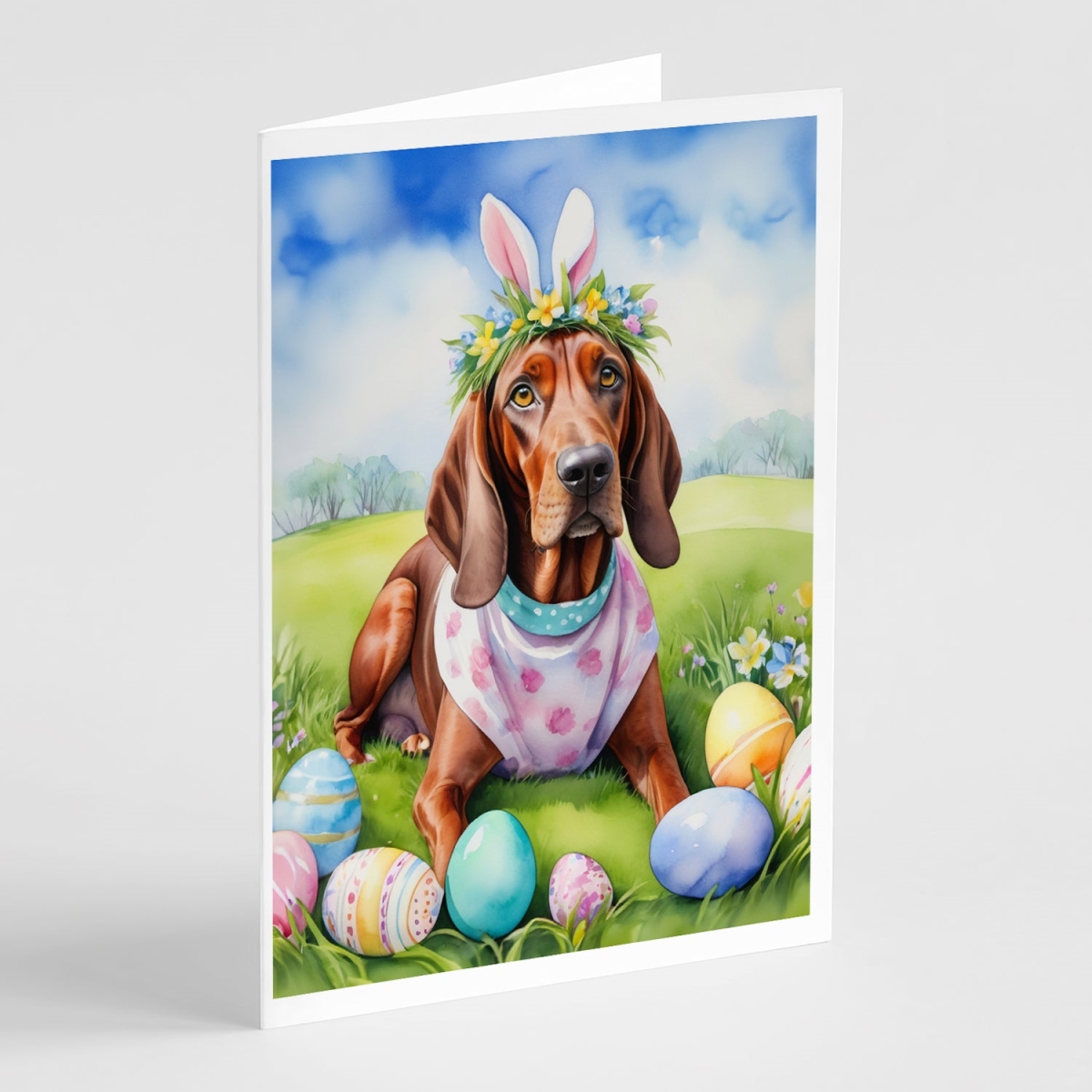 DAC5157GCA7P 5 x 7 in. Redbone Coonhound Easter Egg Hunt Greeting Cards - Pack of 8