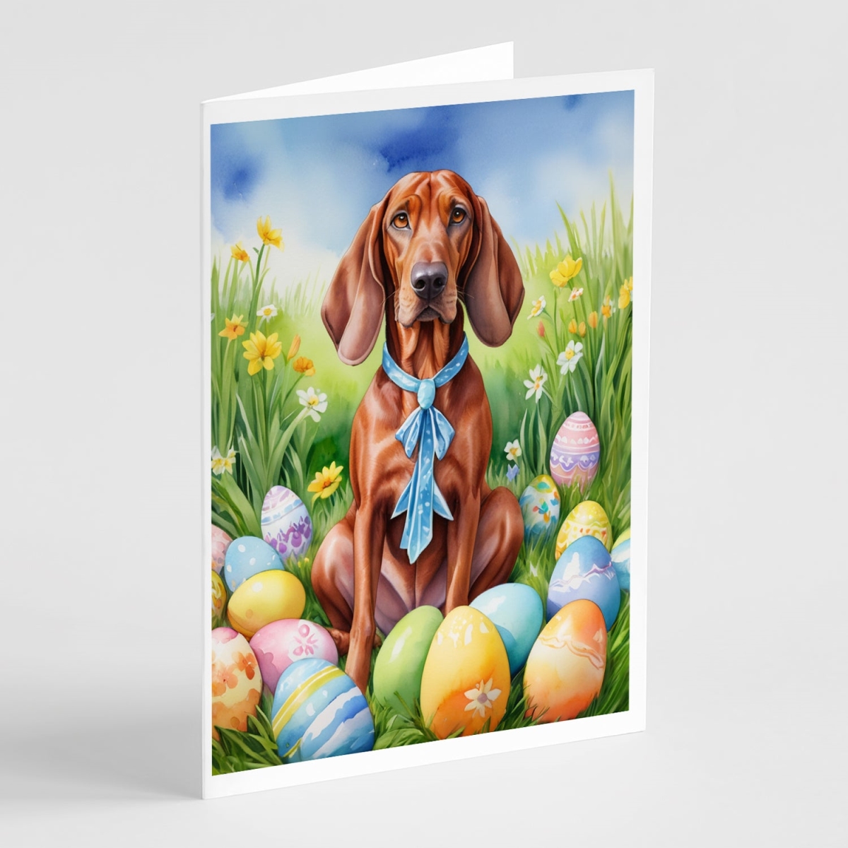 5 x 7 in. Redbone Coonhound Easter Egg Hunt Greeting Cards - Pack of 8